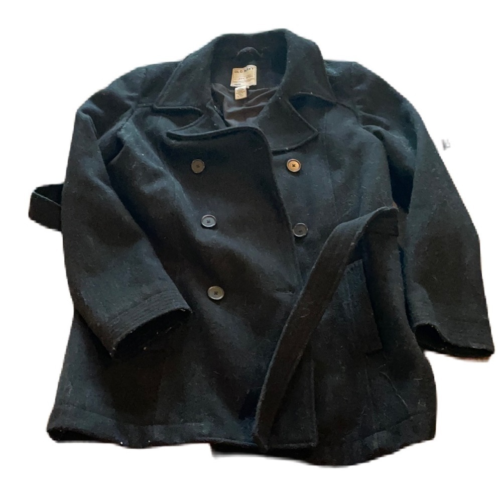 Old Navy L black button down classic pea coat with sash tie